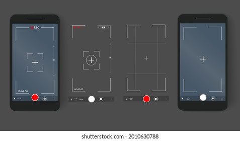 Configuración de vídeo de cámara de teléfono y pantalla de fotos. Interfaz de cámara digital. Un conjunto de plantillas para un smartphone. Fondo oscuro. Ilustración vectorial realista.	