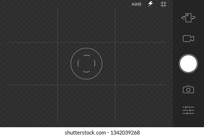 Phone Camera Viewfinder Overlay. Full Hd Format Of Frame Template With White Lines. Camera Frame Vector Template. White Lines And Icons With Information On Transparent Dark Background.