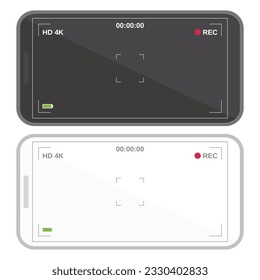Phone camera viewfinder template vector illustration. Mobile phone with camera focusing screen. Viewfinder interface blank. Video REC and record frame. Black and white smartphone viewfinder frame.