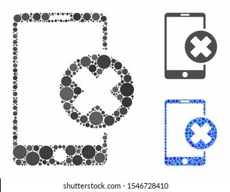 Phone cancel mosaic of filled circles in various sizes and color tints, based on phone cancel icon. Vector filled circles are united into blue mosaic.