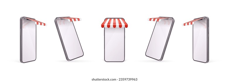 Phone canopy. Smartphone with colorful awnings, mobile stall digital internet market, telephone store tent roof sunshade online vendor device, realistic decent vector illustration of awning phone svg