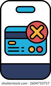 A phone with a card on it that has an X on it. The card is likely a credit card and the X indicates that it has been declined