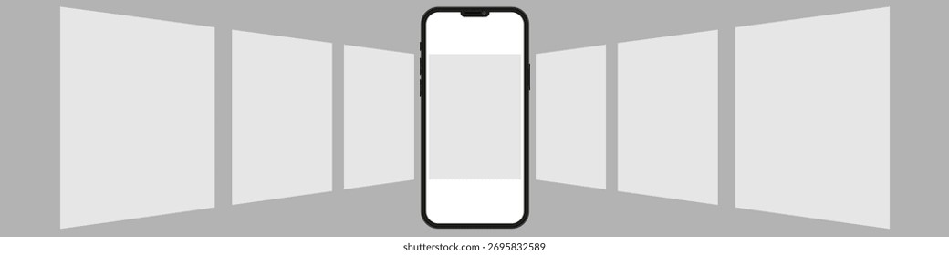 Phone carousel mockup vector. Template for showcasing mobile app interface and web design on multiple screens. Ideal for presentation, advertising, and portfolio display in a dynamic layout.