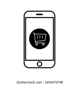Teléfono y carro, compras por móvil, comercio electrónico, compras de ilustraciones vectoriales en línea
