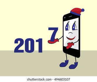 Phone cartoon with 2017. Vector illustration.