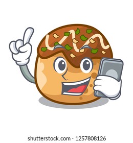 With phone cartoon cooking takoyaki in baked fire