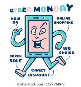 Phone Cartoon. Cyber Monday Cartoon Design. Running Phone Cartoon. Holiday online shopping concept on white background isolated. Stock Vector Illustration. Cartoon style.