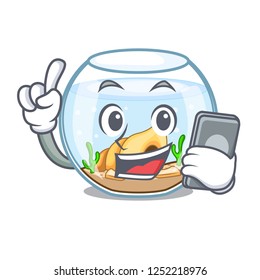 With phone cartoon goldfish a in on fishbowl