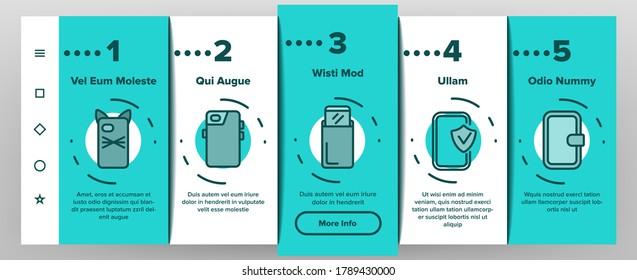 Phone Case Accessory Onboarding Mobile App Page Screen Vector. Phone Protection Tool In Different Style, Glass Screen Protect And Waterproof Pouch Bag Illustrations