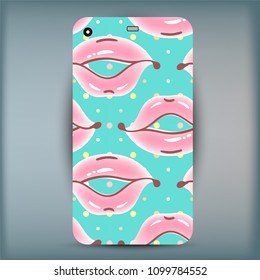 Phone case. Closeup beautiful lips of woman. Sexy wet lip make-up. Open mouth. Sweet kiss. Vector illustration