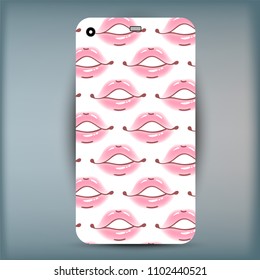 Phone case. Closeup beautiful lips of woman. Sexy wet lip make-up. Open mouth. Sweet kiss. Vector illustration