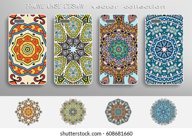 Phone case collection and decorative mandala ornaments, doodle floral patterns. Vector set of mobil phone decor elements. Hand drawn background. Islam, arabic, indian, ottoman motifs