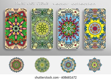 Phone case collection and decorative mandala ornaments, doodle floral patterns. Vector set of mobil phone decor elements. Hand drawn background. Islam, arabic, indian, ottoman motifs
