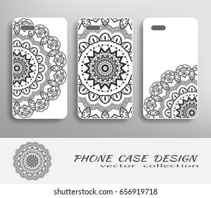 Phone case collection and decorative mandala ornament, doodle floral sketch pattern. Vector set of mobil phone decor elements. Hand drawn tribal ethnic motif