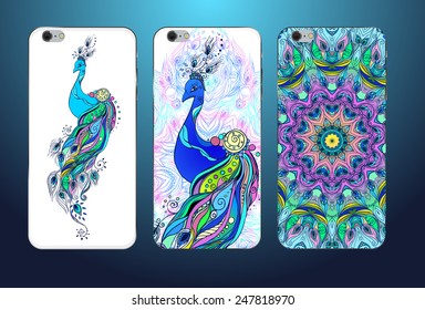 Phone case collection, delicate feather pattern. Vector Peacock. Vintage decorative elements, templates with lace ornament. Hand drawn background. Islam, arabic, indian, ottoman motifs.