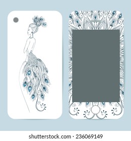 Phone case collection, delicate floral pattern. Vector Gerl Peacock. Vintage decorative elements, templates with lace ornament. Hand drawn background. Arabic, indian, ottoman motifs.