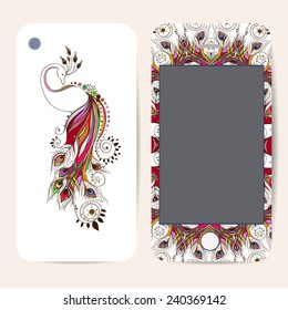 Phone case collection, delicate floral pattern. Vector Peacock. Vintage decorative elements, templates with lace ornament. Hand drawn background. Islam, arabic, indian, ottoman motifs.