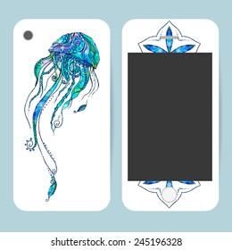 Phone case collection, delicate jellyfish pattern. Vector background. Vintage decorative elements, templates with lace ornament. Hand drawn background. Islam, arabic, indian, ottoman motifs.