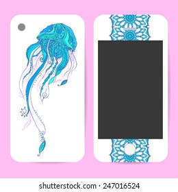 Phone case collection, delicate jellyfish pattern. Vector background. Vintage decorative elements, templates with lace ornament. Hand drawn background. Islam, Arabic, Indian, ottoman motifs.