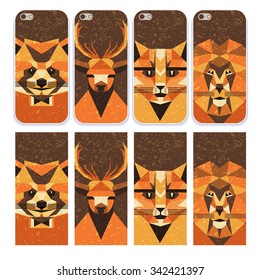 Phone case collection. Flat trendy low polygon style animal avatar set. Vector illustration. Cat,fox, deer,lion, raccoon. Set of 4 retro mobile phone decals.