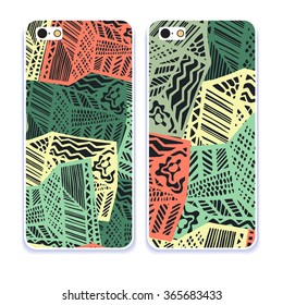 Phone case collection. Mobile phone cover back and screen, pattern. Vector illustration, Example of design cover. Editable element under clipping mask. 