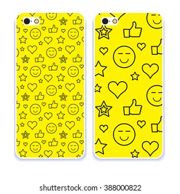 Phone case collection with outline stars, hearts, like and smiles. Vector background