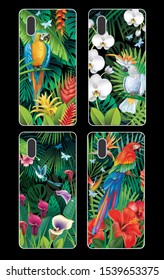 Phone case collection with tropical jungle plants and birds. Vector background. Used clipping mask
