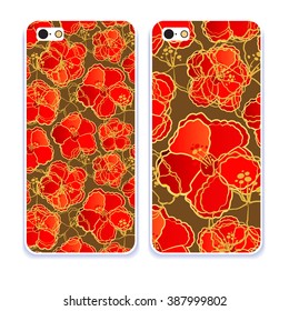 Phone case collection.Detailed realistic flowers. Vector illustration.  Retro mobile phone decals.