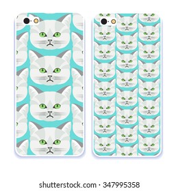 Phone case collection.Detailed realistic hand drawn british cat portrait. Vector illustration. Set of isolated drawing kitten heads and faces some breeds. Retro mobile phone decals.