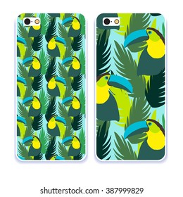 Phone case collection.Detailed realistic palm leaves and parrots, Tropical background.  Retro mobile phone decals.