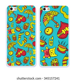 Phone case collection.Doodle romantic seamless pattern with love, hearts, umbrella, clock, cat etc. Background for use in design, web site, packing, textile, fabric.Retro mobile phone decals.