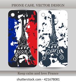 Phone case cover with hand drawn France illustration. Design with flag, building and lettering for gadget. Vector illustration