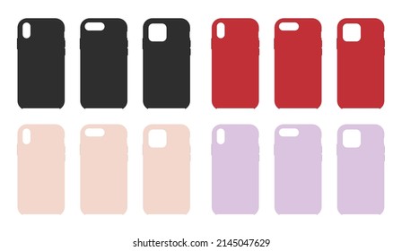 Phone Case. Phone Cover. Mockup Of Silicone Smartphone Case. Mock Up Of Cellphone Hard Covers. Different Mockups And Colors Isolated On White Background. Vector.