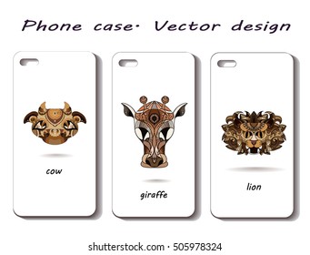 Phone case. cow. giraffe. lion. animals on the phone. vector