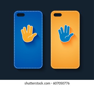 Phone case design. Abstract hand icon background. Vector illustration.