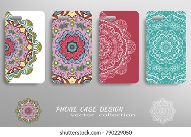 Phone case design collection and decorative mandala ornament. Colorful and white  geometric floral round pattern. Vector set of mobil phone decor elements. Hand drawn tribal ethnic motif