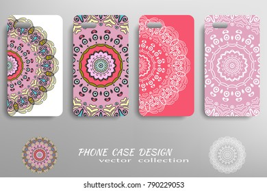 Phone case design collection and decorative mandala ornament. Colorful and white  geometric floral round pattern. Vector set of mobil phone decor elements. Hand drawn tribal ethnic motif