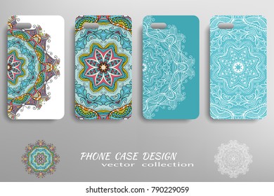 Phone case design collection and decorative mandala ornament. Colorful and white  geometric floral round pattern. Vector set of mobil phone decor elements. Hand drawn tribal ethnic motif