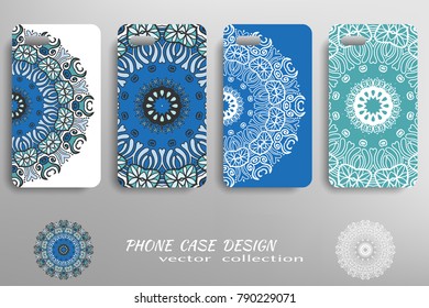 Phone case design collection and decorative mandala ornament. Colorful and white  geometric floral round pattern. Vector set of mobil phone decor elements. Hand drawn tribal ethnic motif