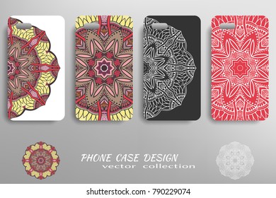 Phone case design collection and decorative mandala ornament. Colorful and white  geometric floral round pattern. Vector set of mobil phone decor elements. Hand drawn tribal ethnic motif