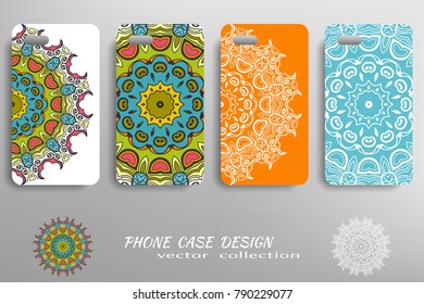 Phone case design collection and decorative mandala ornament. Colorful and white  geometric floral round pattern. Vector set of mobil phone decor elements. Hand drawn tribal ethnic motif