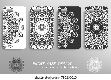 Phone case design collection and decorative mandala ornament. Black and white  geometric floral round pattern. Vector set of mobil phone decor elements. Hand drawn tribal ethnic motif