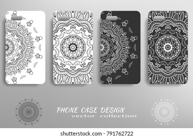 Phone case design collection and decorative mandala ornament. Black and white  geometric floral round pattern. Vector set of mobil phone decor elements. Hand drawn tribal ethnic motif