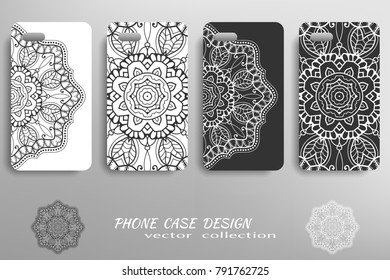 Phone case design collection and decorative mandala ornament. Black and white  geometric floral round pattern. Vector set of mobil phone decor elements. Hand drawn tribal ethnic motif