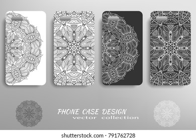 Phone case design collection and decorative mandala ornament. Black and white  geometric floral round pattern. Vector set of mobil phone decor elements. Hand drawn tribal ethnic motif