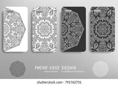 Phone case design collection and decorative mandala ornament. Black and white  geometric floral round pattern. Vector set of mobil phone decor elements. Hand drawn tribal ethnic motif