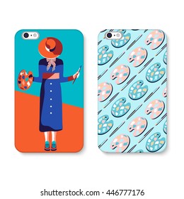 Phone case design. Elegant vintage woman in hat holding paintbrush and color palette. High fashion, vogue style. Pop art background in the design of modern minimalism. Vector set of mobile cover