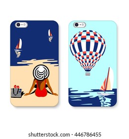 Phone case design. First illustration, elegant woman in hat sitting on the beach and looking at the sea. Second, air balloon flying over the sea. Summer background. Vector set of mobile cover