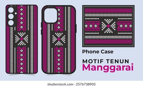 phone case design with a magenta theme, incorporating bold Manggarai traditional patterns