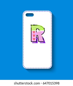 Phone case design. Memphis style geometric letter on white background. Vector illustration.